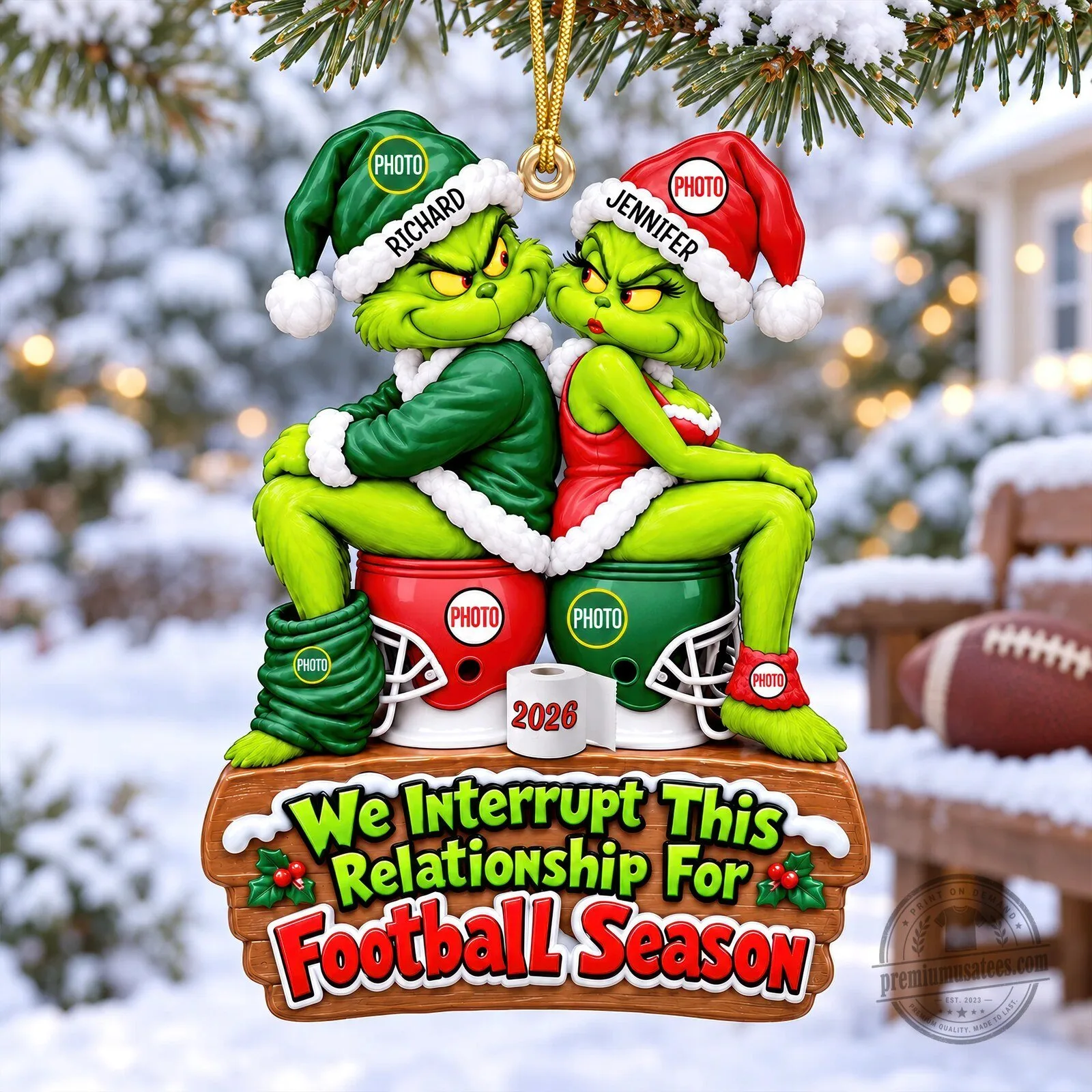 Grinch Couple Football Season Personalized Christmas Tree Ornament