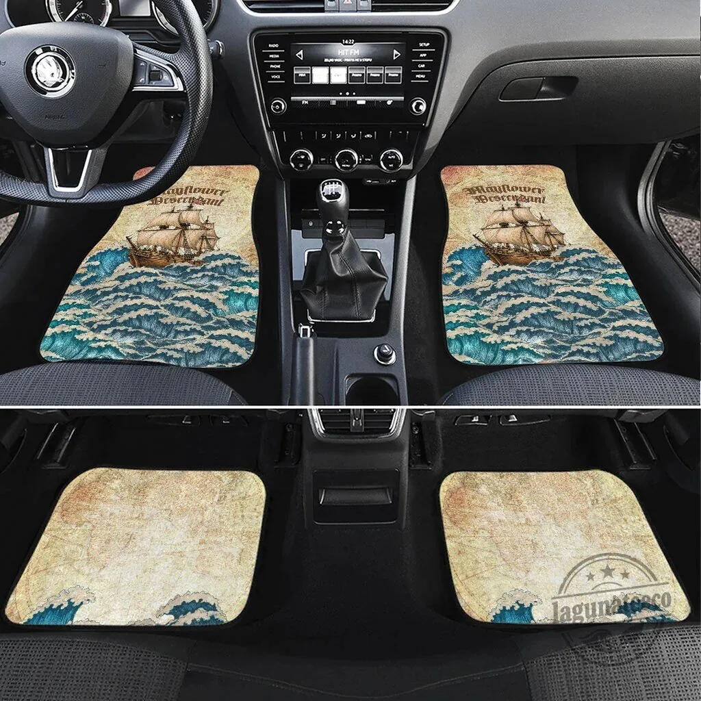Mayflower Descendant Ship Car Mats Vintage Nautical Map Ocean Waves Auto Floor Mats