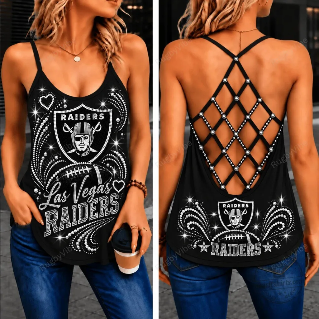 Las Vegas Raiders Football Team Rhinestone Embellished Crisscross Back Tank Top 58 Las Vegas Raiders Football Team Rhinestone Embellished Crisscross Back Tank Top