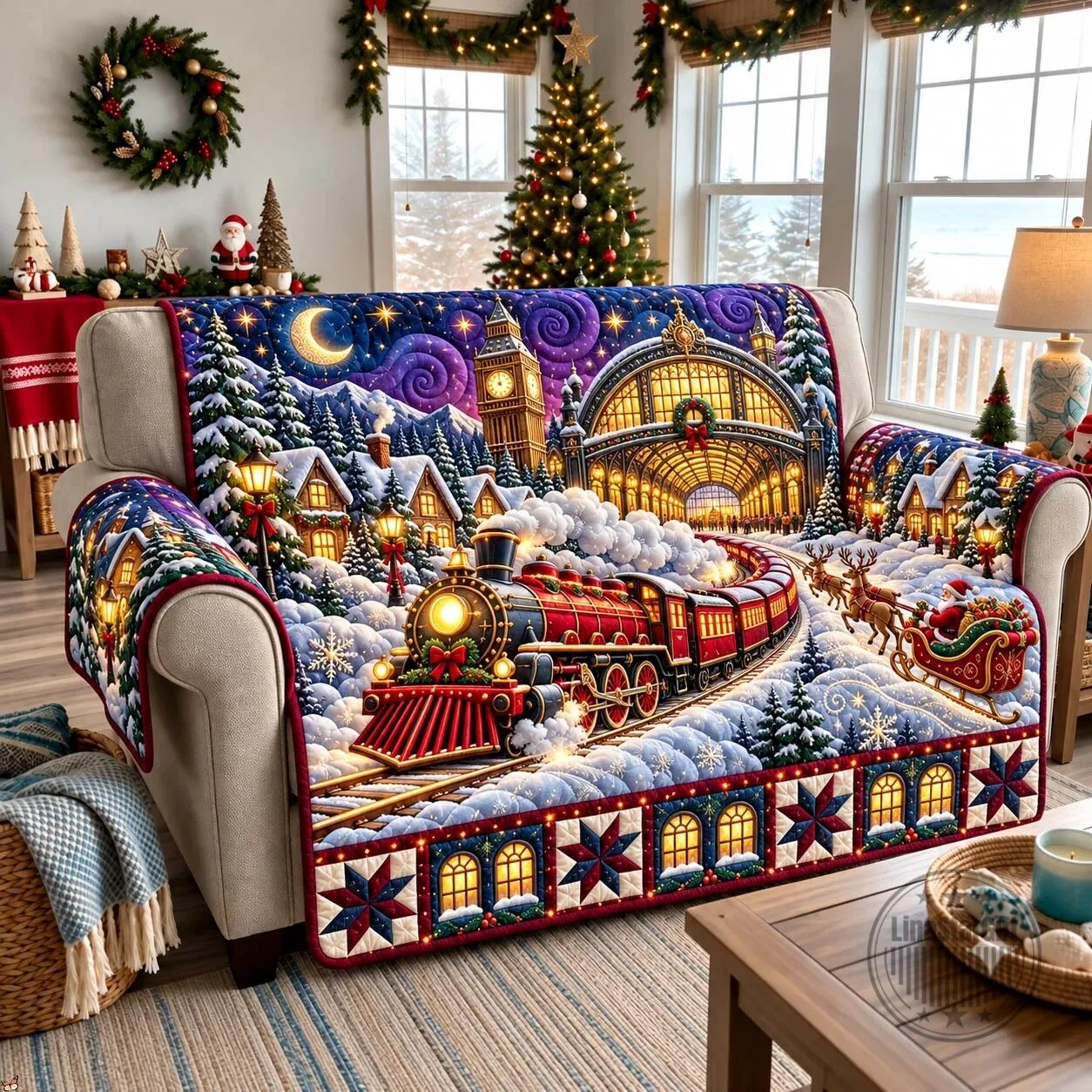 Christmas Station Express Winter Wonderland Quilted Sofa Cover Protector