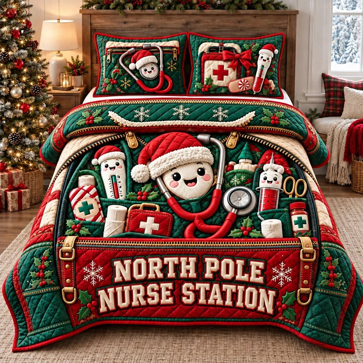 North Pole Nurse Station Christmas Holiday Quilted Bedding Set
