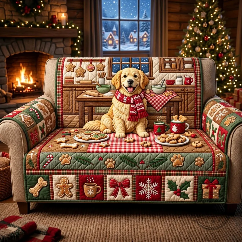 Golden Retriever Dog Christmas Gingerbread Quilted Sofa Cover Golden Retriever Dog Christmas Gingerbread Quilted Sofa Cover