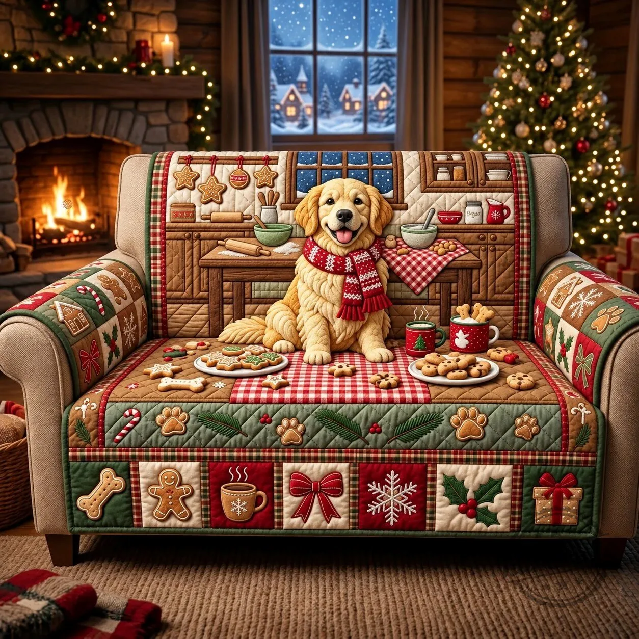 Golden Retriever Dog Christmas Gingerbread Quilted Sofa Cover