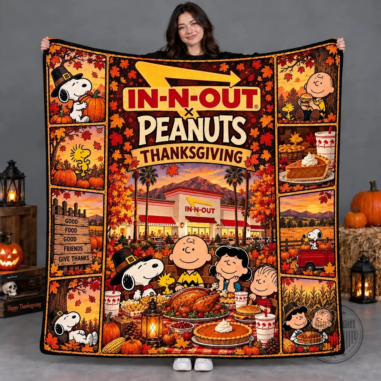 In-N-Out Burger Peanuts Thanksgiving Fall Harvest Family Fleece Blanket