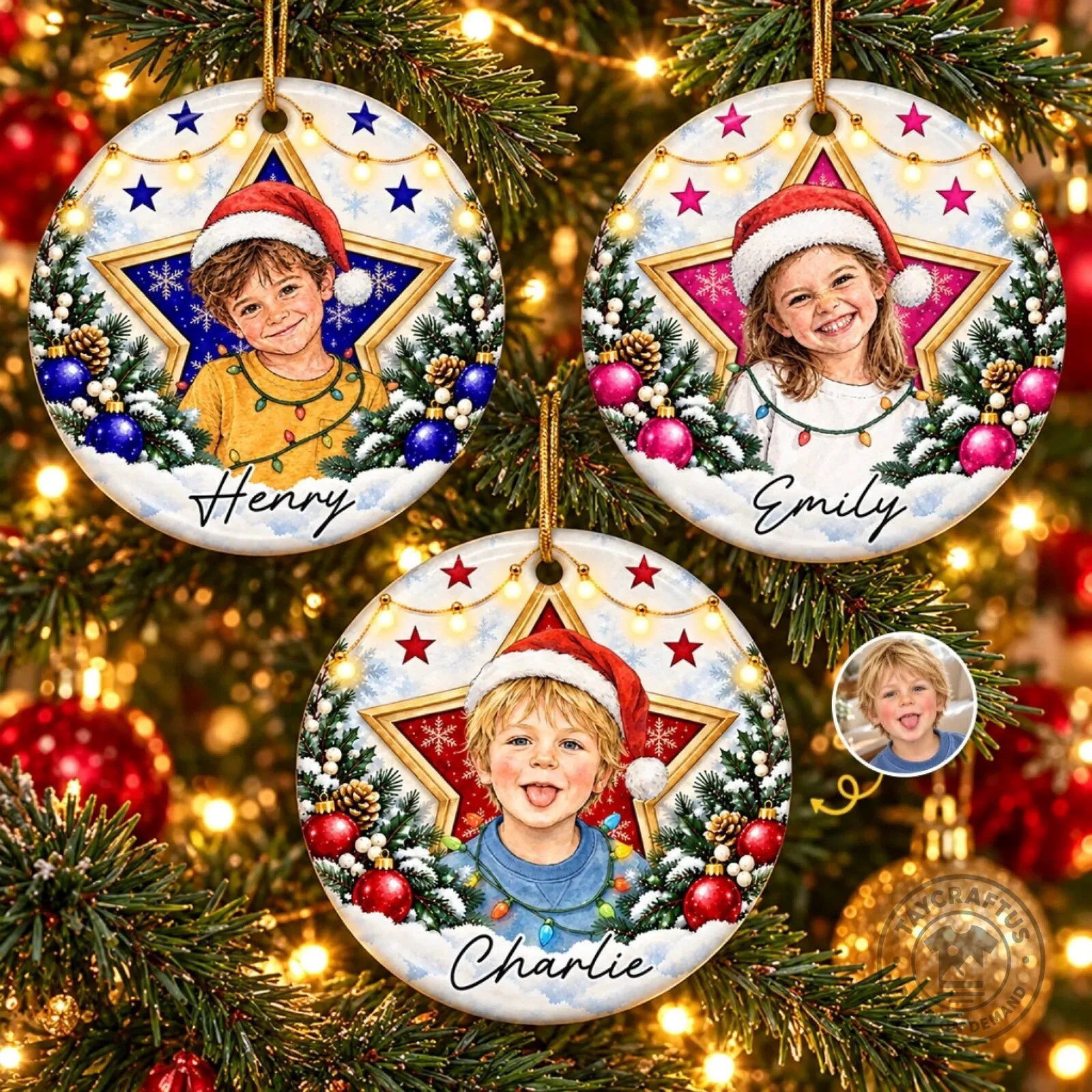 Personalized Photo Star Christmas Tree Ornament Custom Kids Name Keepsake Gift