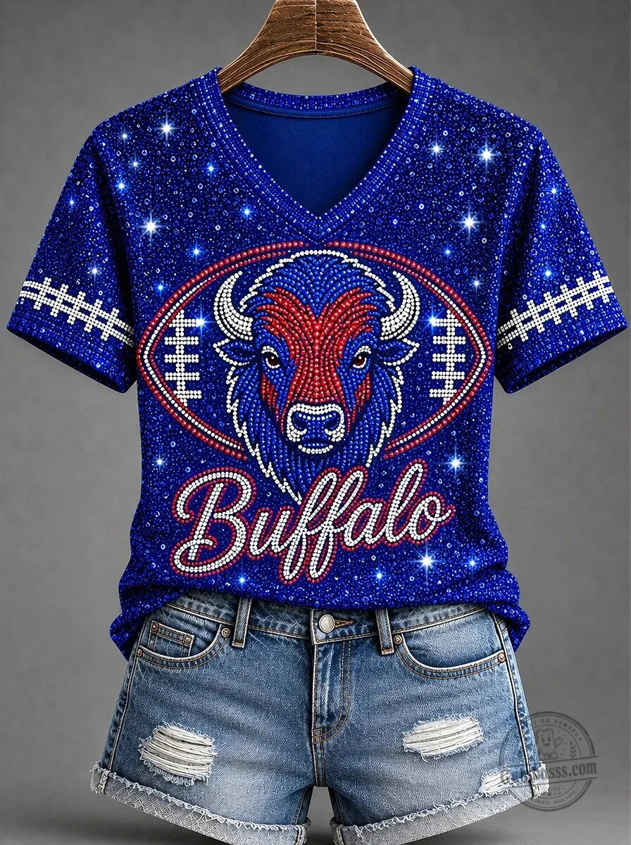 Buffalo Football Team Sparkly Sequin V-Neck T-Shirt for Women 1 Buffalo Football Team Sparkly Sequin V-Neck T-Shirt for Women
