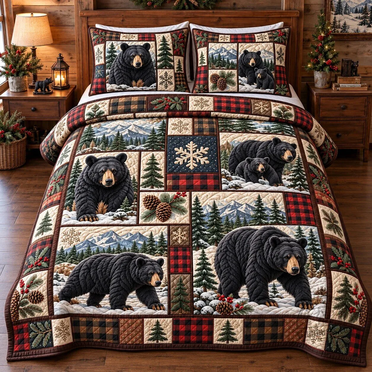 Forest Black Bear Patchwork Quilted Bedding Set with Mountain Pine Tree Design