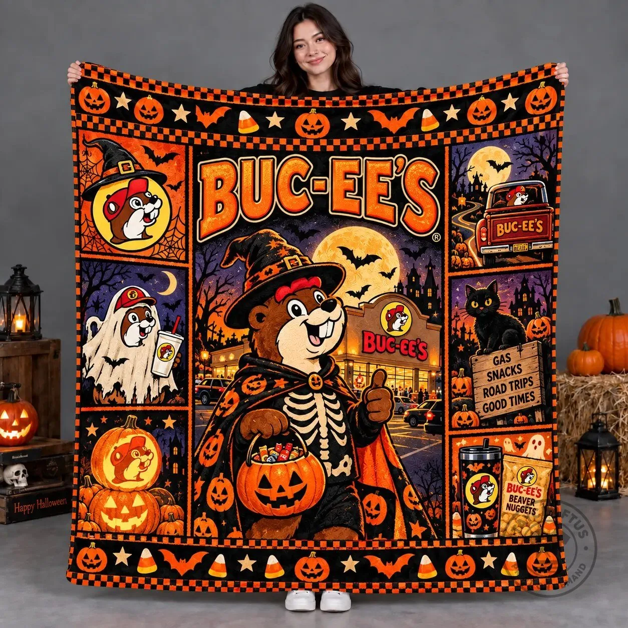Buc-ee's Halloween Witch Beaver Pumpkin Fleece Blanket for Gas Snacks Road Trips