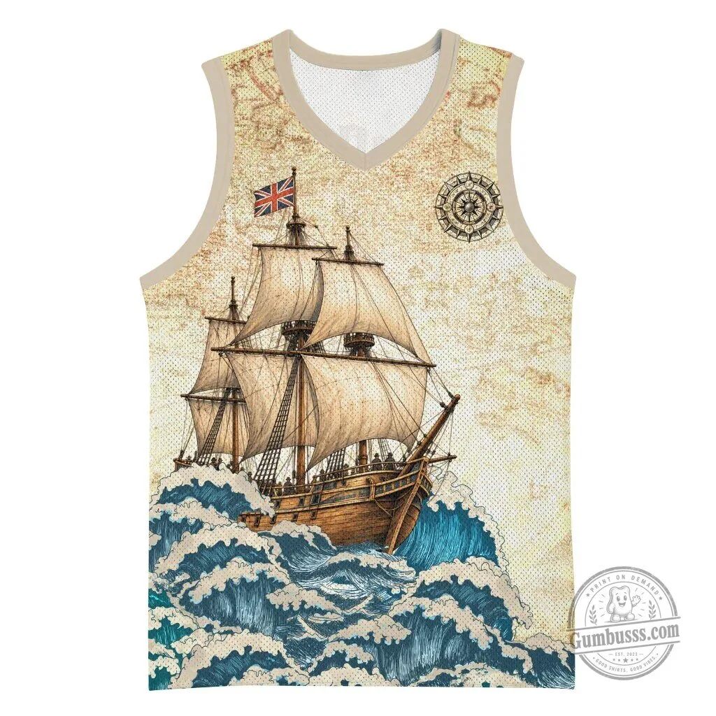 Mayflower Descendant Ship Vintage Nautical Map Ocean Waves Basketball Jersey