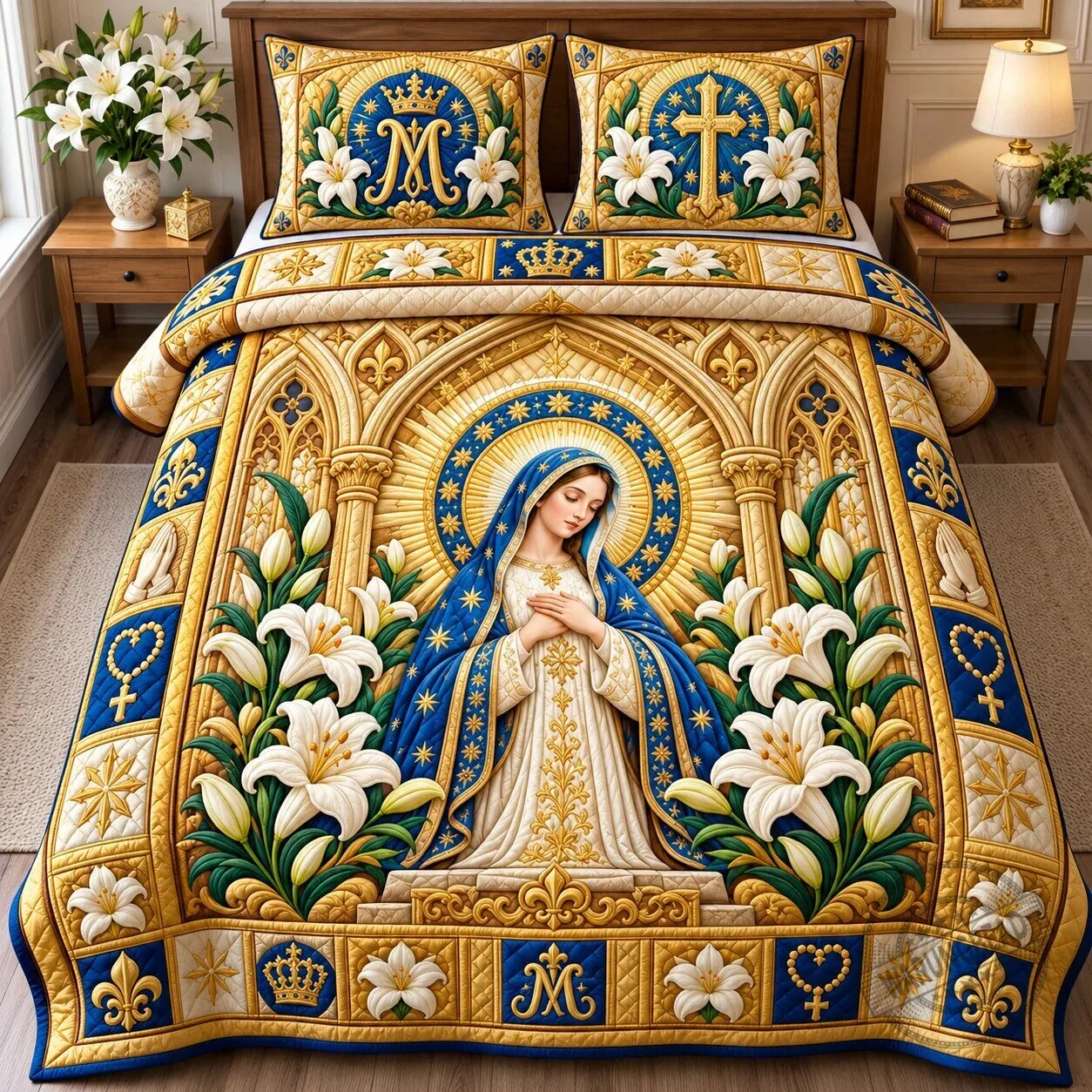 Virgin Mary Miracles Quilted Bedding Set with Lilies and Cross Design 5 Virgin Mary Miracles Quilted Bedding Set with Lilies and Cross Design