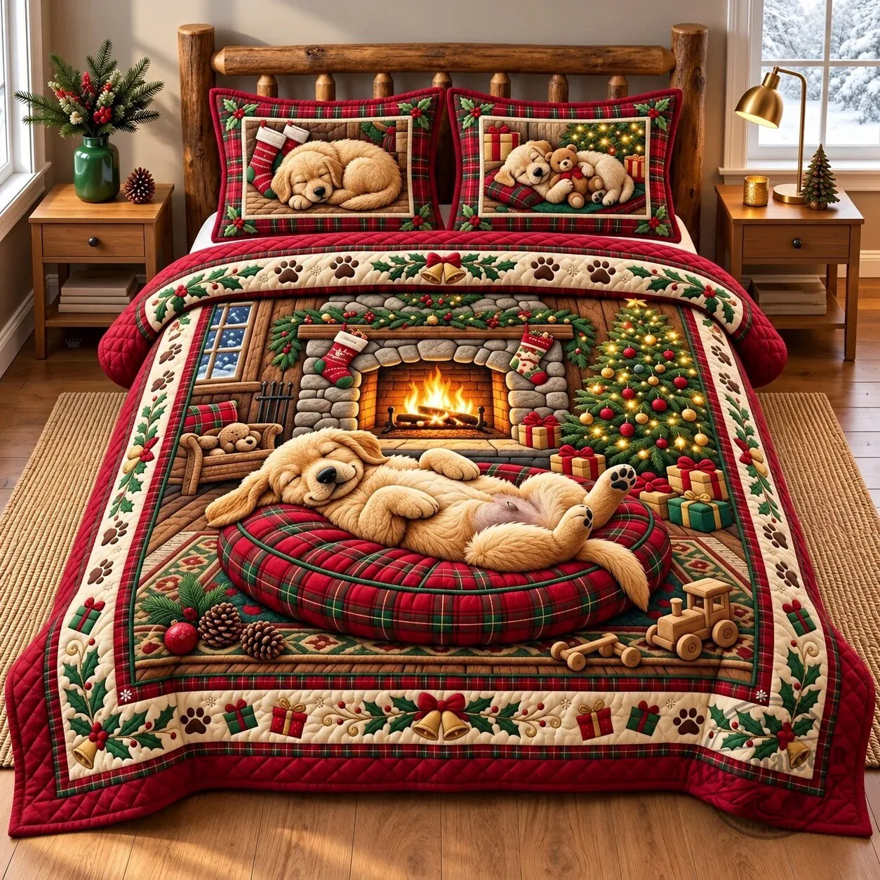 Golden Retriever Puppy Christmas Cabin Fireplace Quilted Bedding Set