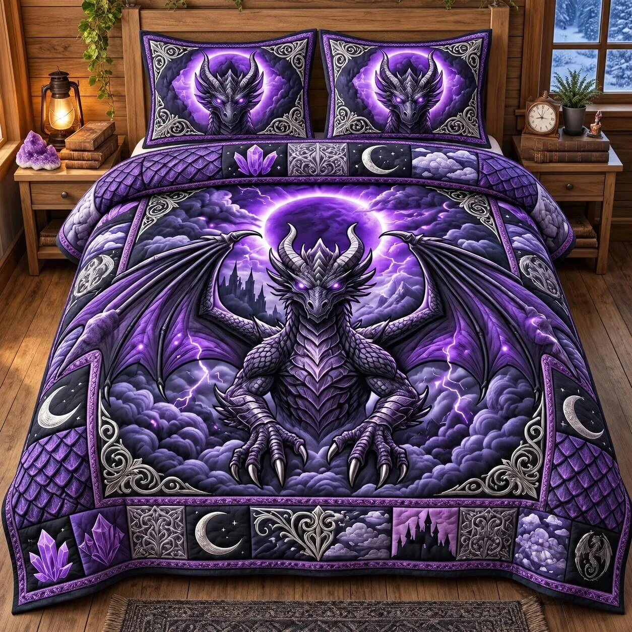 Mystic Purple Dragon Moon and Stars Fantasy Quilted Bedding Set