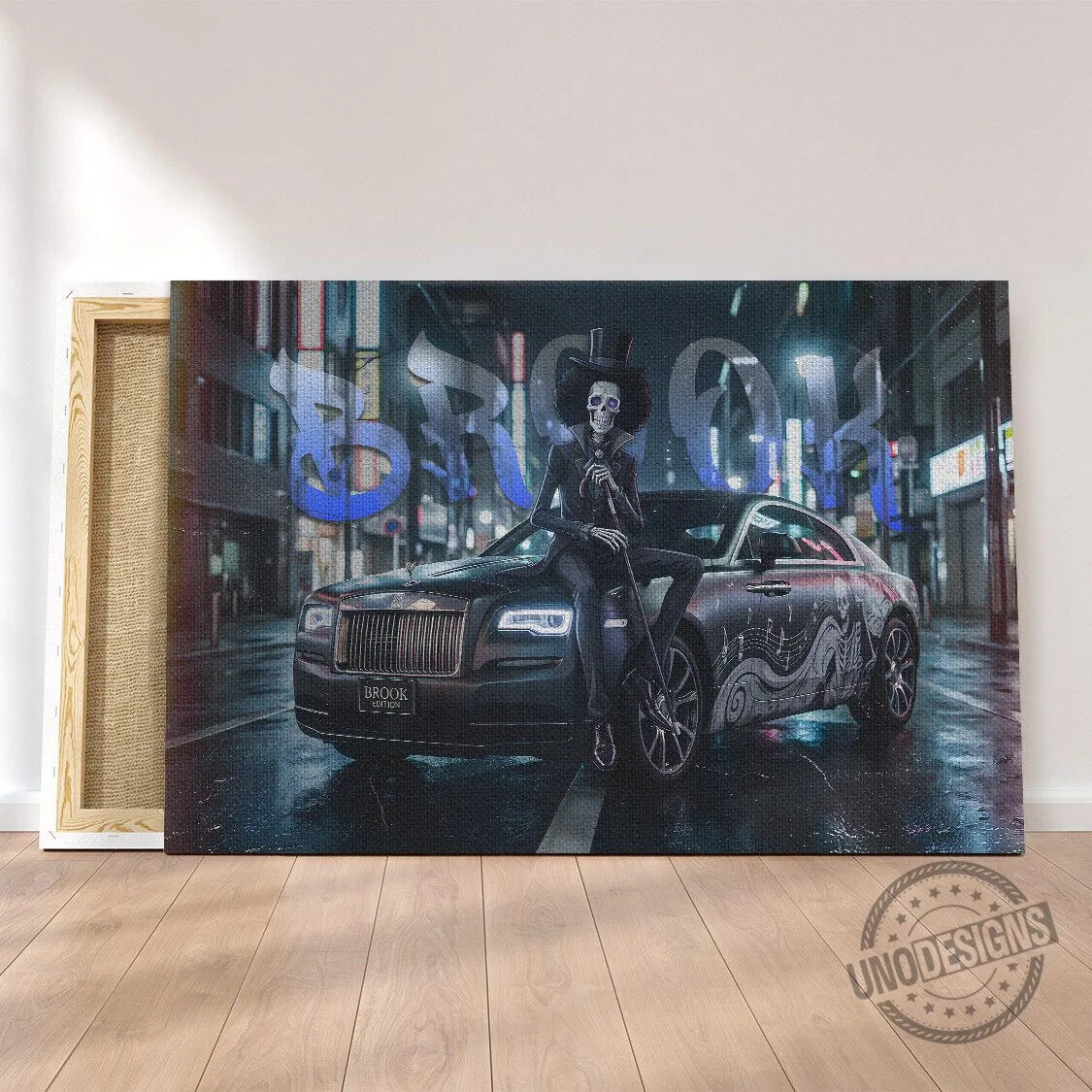 One Piece Brook Skeleton Character Leaning on Car Canvas Wall Art Decor