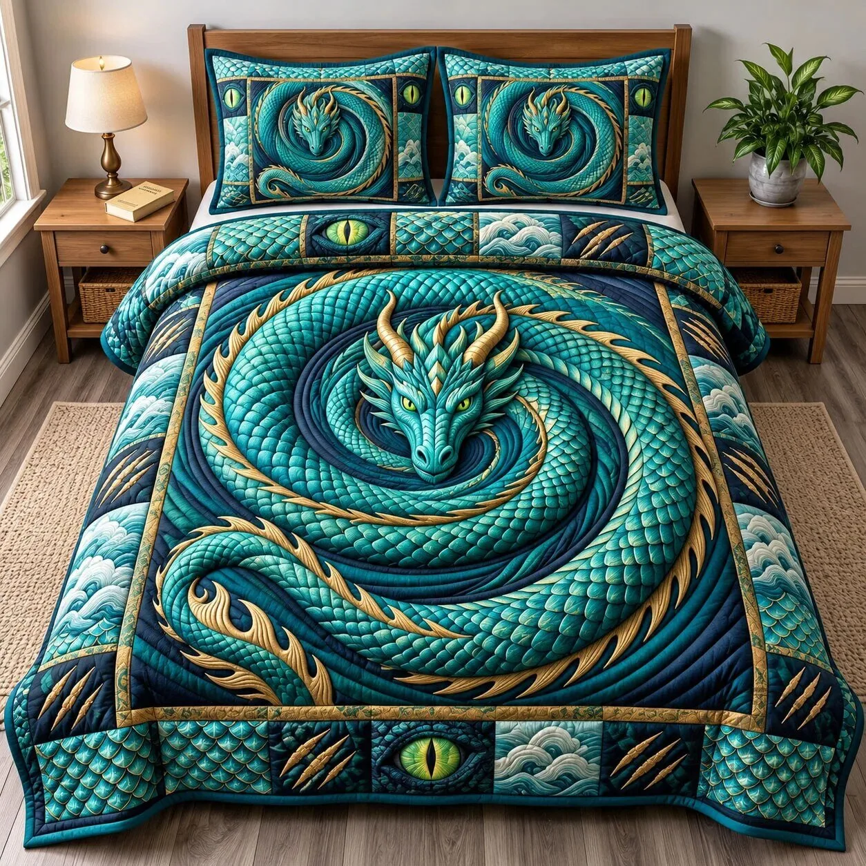 Quilted Bedding Set featuring Mystic Dragon Fantasy Art and Matching Pillow Shams