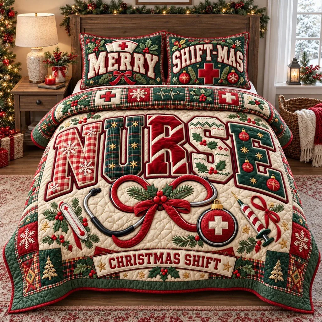 Merry Christmas Nurse Shift-Mas Holiday Quilted Bedding Set