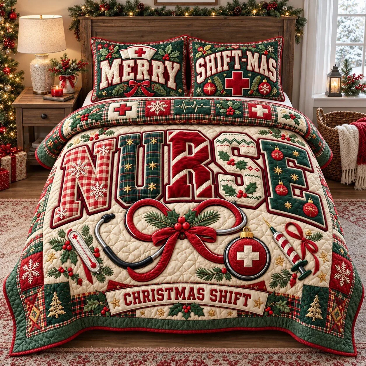 Merry Christmas Nurse Shift-Mas Holiday Quilted Bedding Set