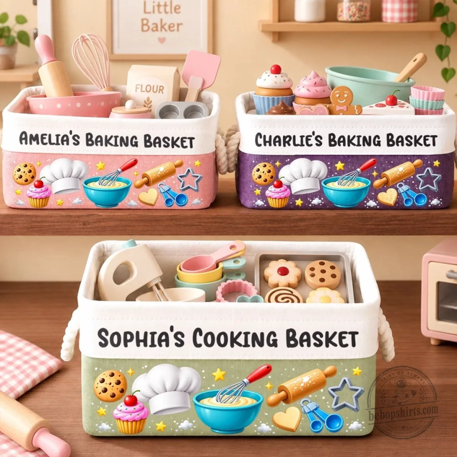 Personalized Baking Basket For Kids, Custom Name Little Baker Storage Basket