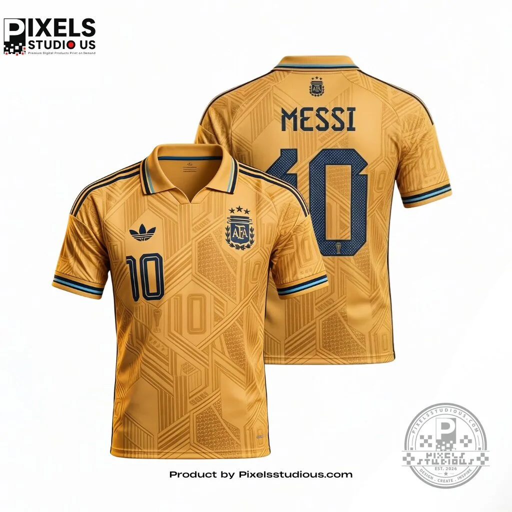 Argentina Messi 10 Coronados De Gloria Premium Gold Baroque Concept Soccer Jersey 6 Argentina Messi 10 Coronados De Gloria Premium Gold Baroque Concept Soccer Jersey 3D shirt or sports jersey with all-over print design