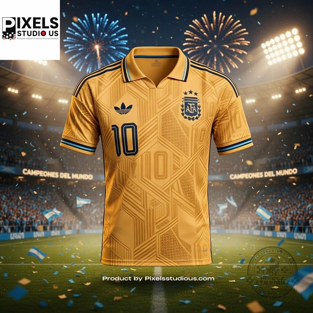 Argentina Messi 10 Coronados De Gloria Premium Gold Baroque Concept Soccer Jersey 7 Argentina Messi 10 Coronados De Gloria Premium Gold Baroque Concept Soccer Jersey 3D shirt or sports jersey with all-over print design