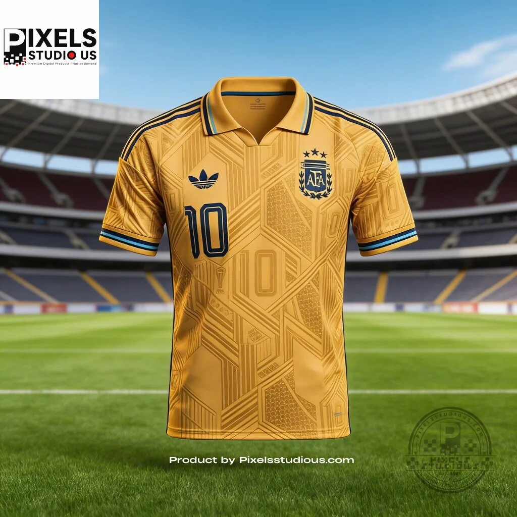 Argentina Messi 10 Coronados De Gloria Premium Gold Baroque Concept Soccer Jersey 8 Argentina Messi 10 Coronados De Gloria Premium Gold Baroque Concept Soccer Jersey 3D shirt or sports jersey with all-over print design