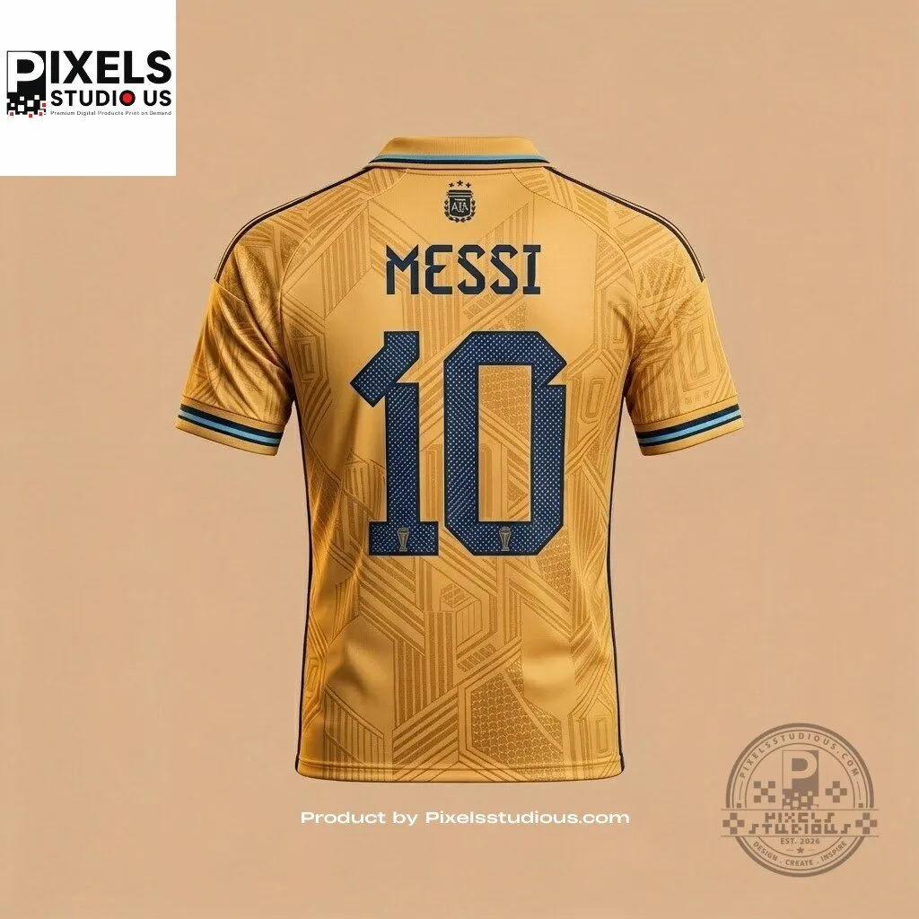 Argentina Messi 10 Coronados De Gloria Premium Gold Baroque Concept Soccer Jersey 9 Argentina Messi 10 Coronados De Gloria Premium Gold Baroque Concept Soccer Jersey 3D shirt or sports jersey with all-over print design