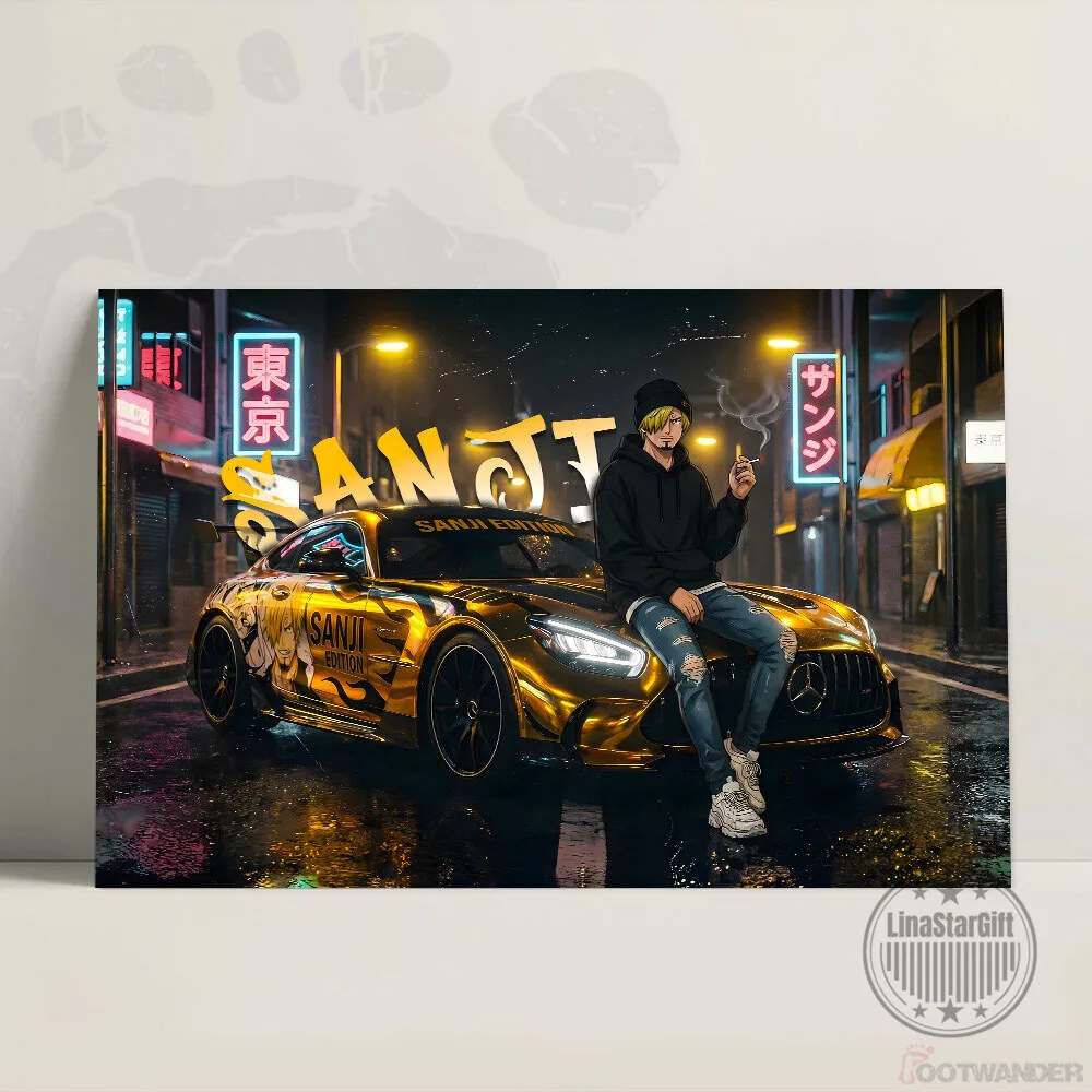 Sanji Vinsmoke One Piece Anime Character Golden Car Night City Poster