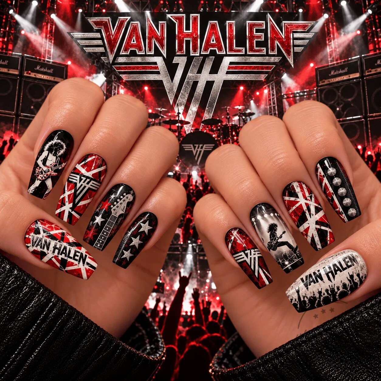Van Halen Red Stripe Rock Band Press-On Nails Set for Women 1 Van Halen Red Stripe Rock Band Press-On Nails Set for Women