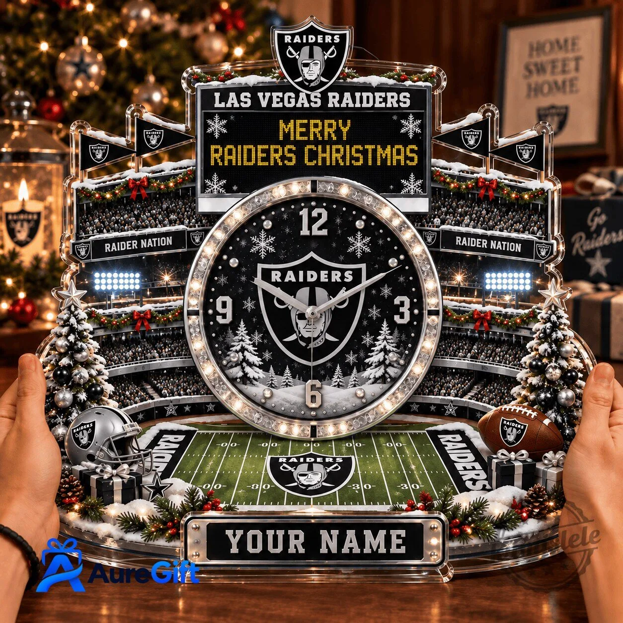 Las Vegas Raiders Merry Christmas Personalized Stadium Clock