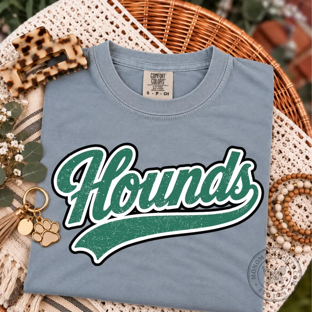 Vintage Hounds Script Distressed Green Lettering Granite T-Shirt Vintage Hounds Script Distressed Green Lettering Granite T-Shirt