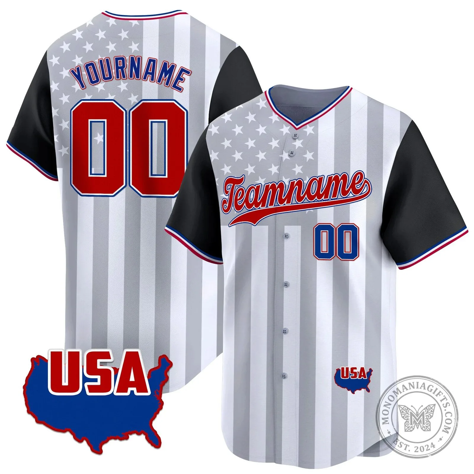 American Flag Stars and Stripes Custom Name and Number Baseball Jersey
