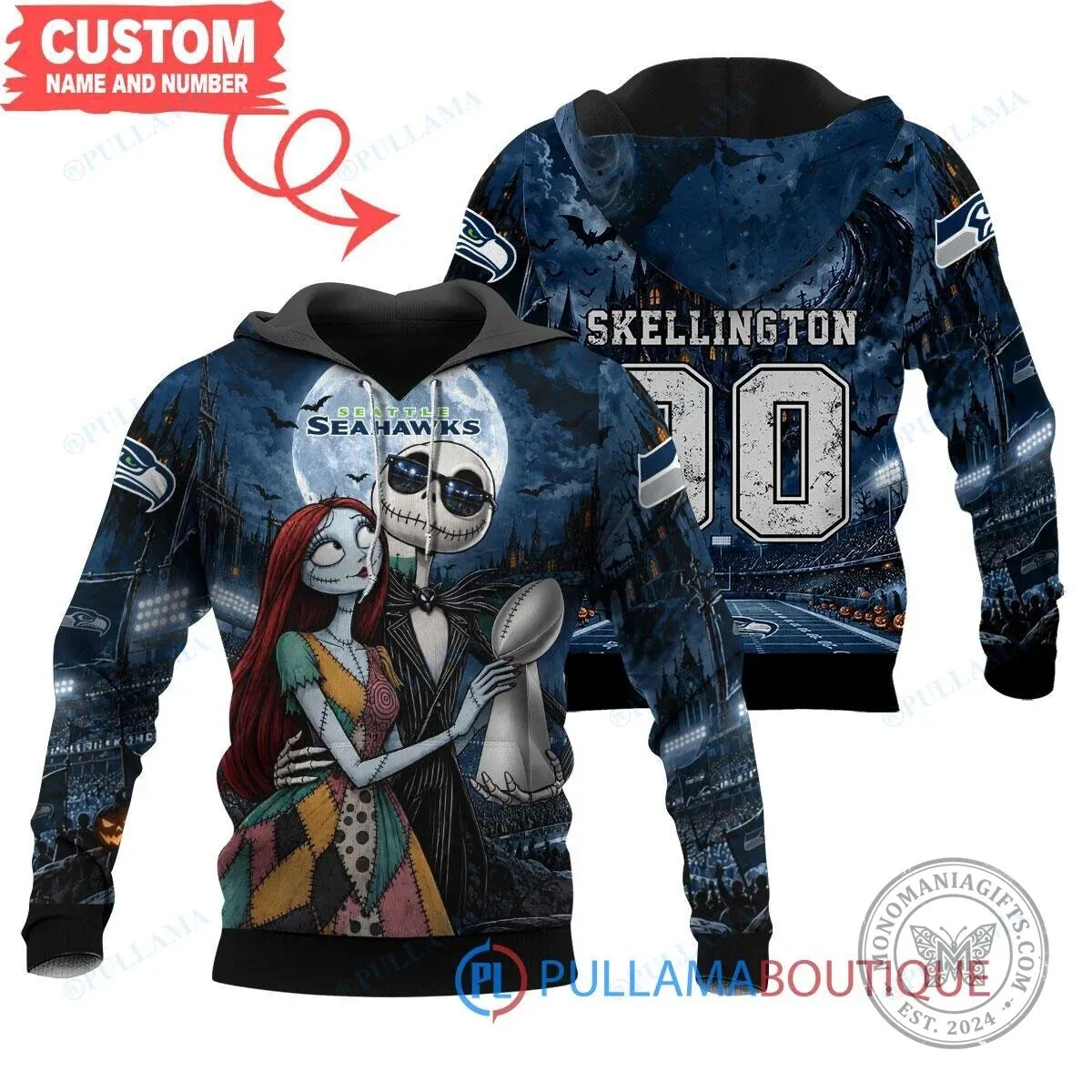 Seattle Seahawks Jack Skellington and Sally Halloween Football Hoodie