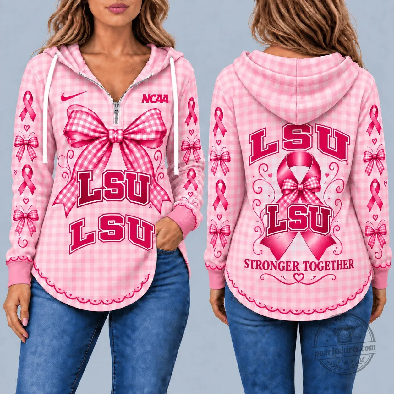 LSU Tigers Breast Cancer Awareness Pink Gingham Ribbon Pullover Hoodie