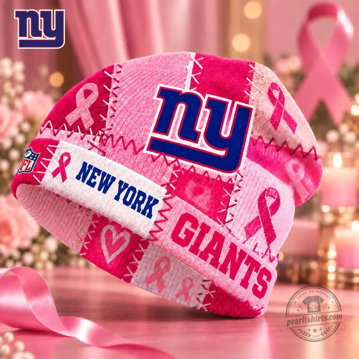 New York Giants NFL Breast Cancer Awareness Pink Ribbon Patch Beanie Cap Hat