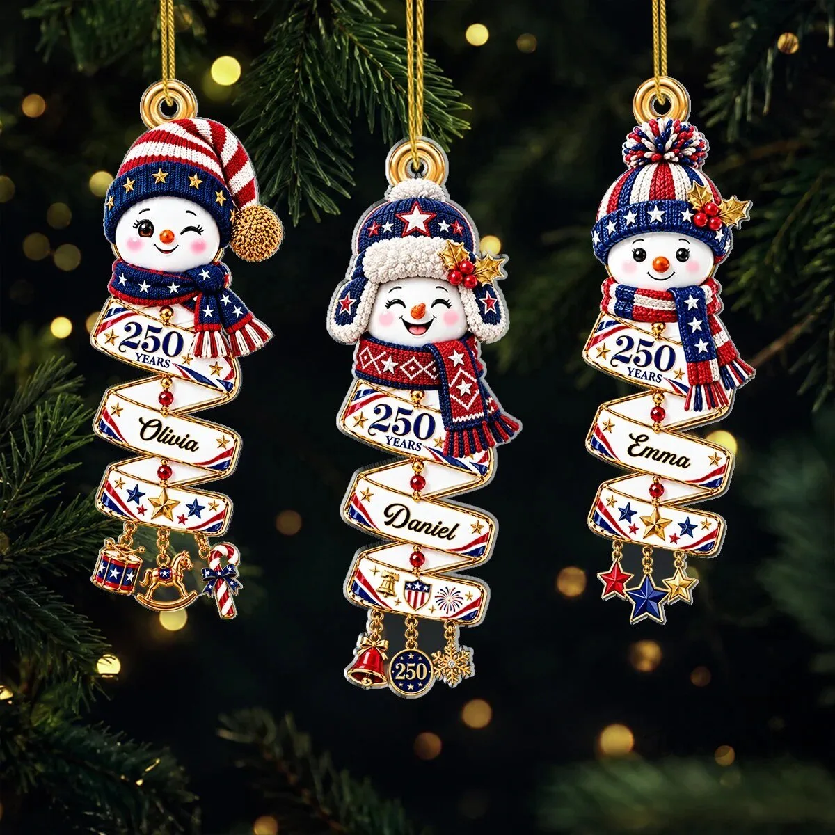 Personalized 250 Years America Snowman Christmas Tree Ornament 6 Personalized 250 Years America Snowman Christmas Tree Ornament