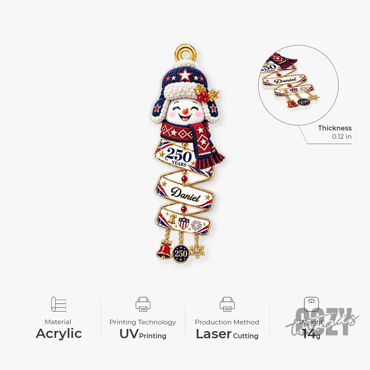 Personalized 250 Years America Snowman Christmas Tree Ornament 8 Personalized 250 Years America Snowman Christmas Tree Ornament