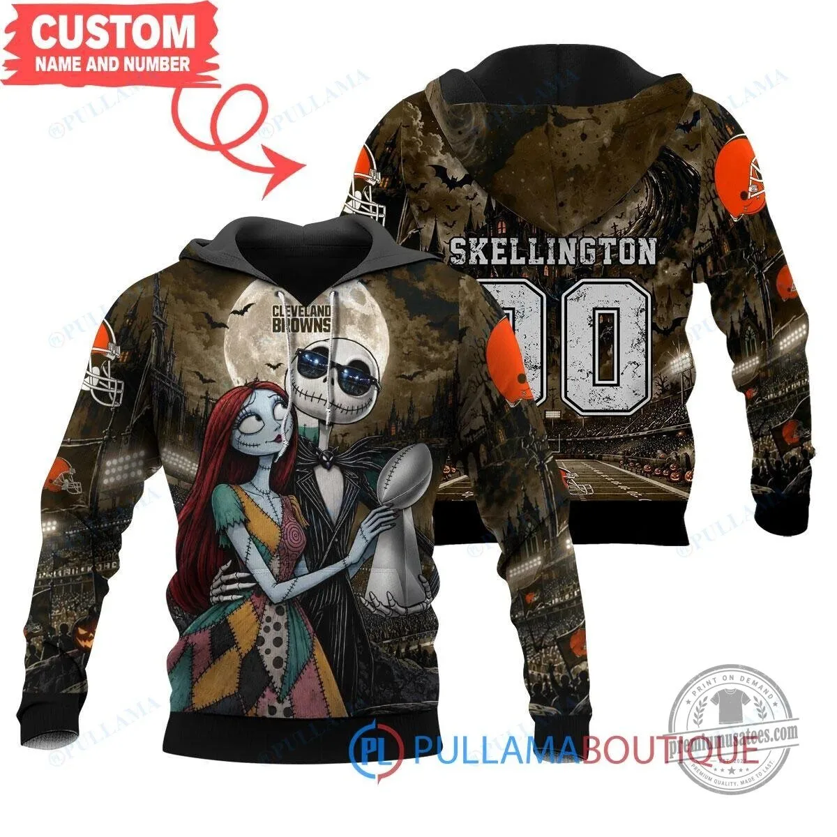 Cleveland Browns Jack Skellington Sally Super Bowl Trophy Hoodie