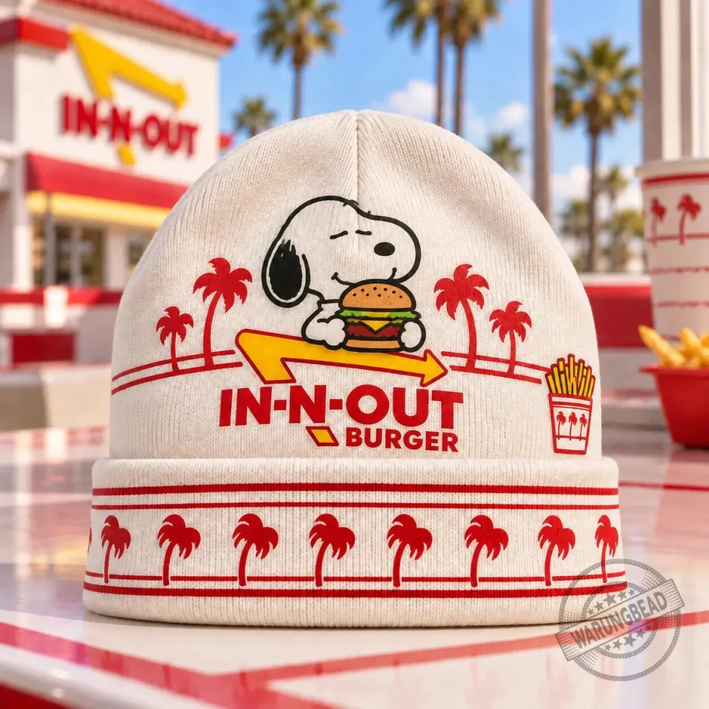 Snoopy In-N-Out Burger Palm Tree Graphic Knit Beanie Hat for Peanuts Fans Snoopy In-N-Out Burger Palm Tree Graphic Knit Beanie Hat for Peanuts Fans