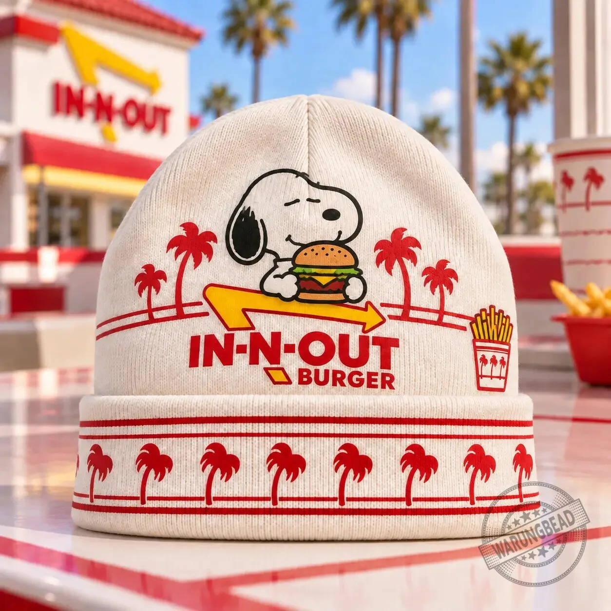 Snoopy In-N-Out Burger Palm Tree Graphic Knit Beanie Hat for Peanuts Fans 2 Snoopy In-N-Out Burger Palm Tree Graphic Knit Beanie Hat for Peanuts Fans