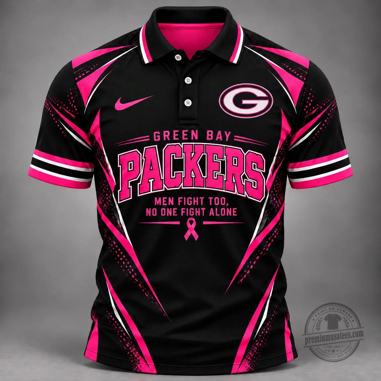 Green Bay Packers Men Fight Too No One Fights Alone Breast Cancer Awareness Polo Shirt