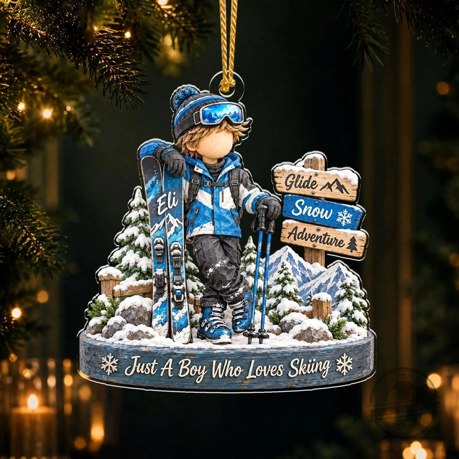 Personalized Skiing Boy Winter Sports Adventure Christmas Tree Ornament