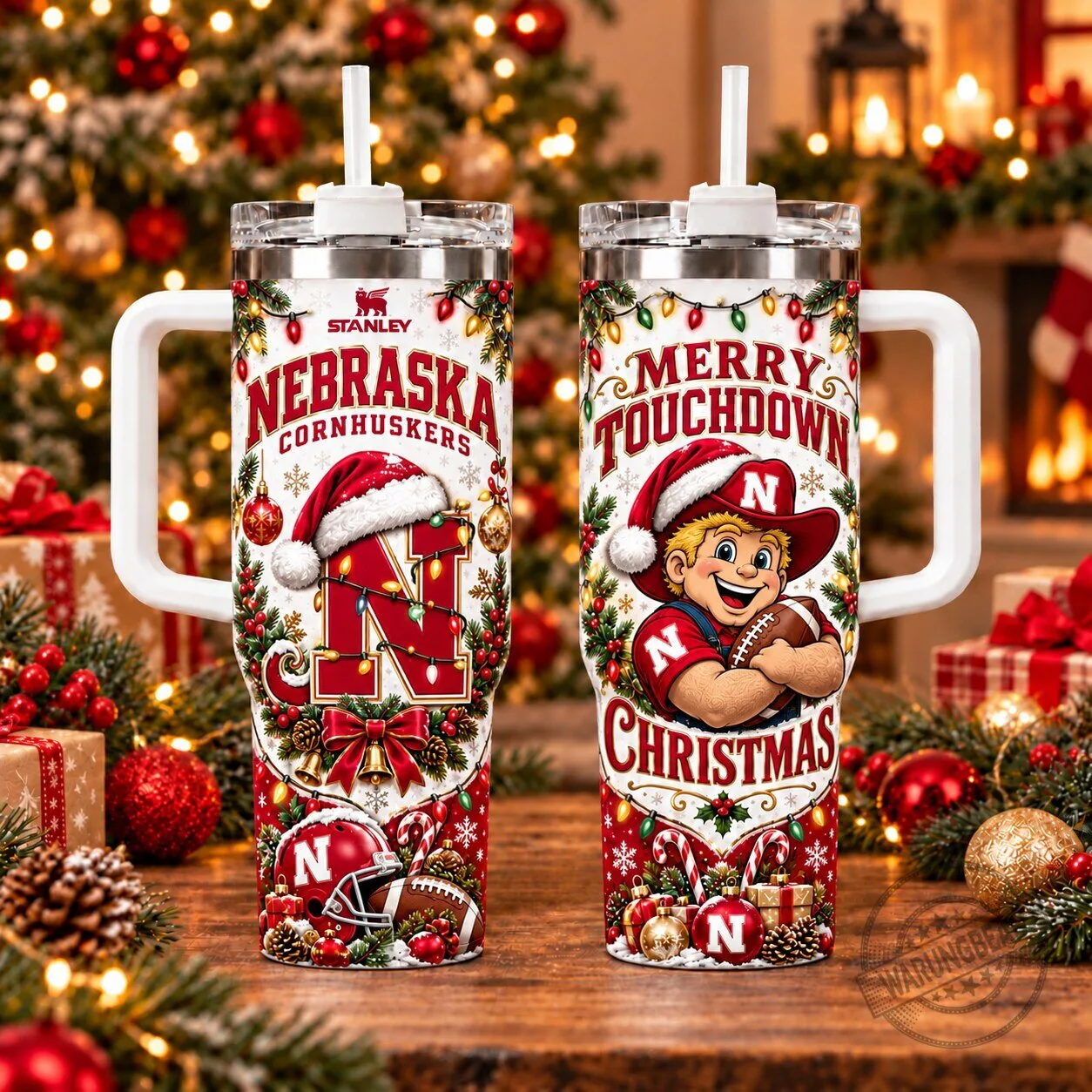 Nebraska Cornhuskers Christmas Merry Touchdown Holiday 40oz Tumbler with Handle