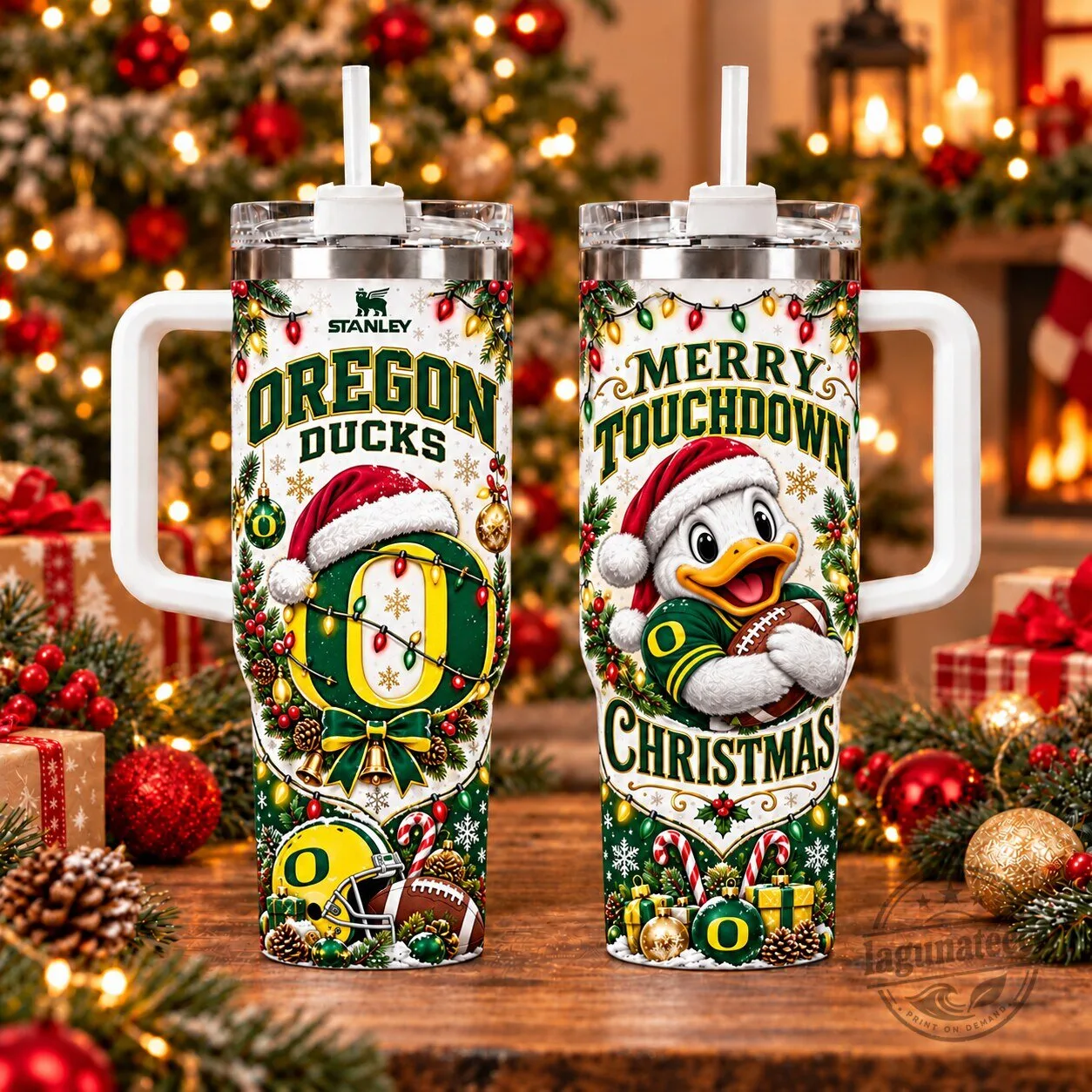 Oregon Ducks Merry Touchdown Christmas Holiday Stainless Steel Tumbler with Handle
