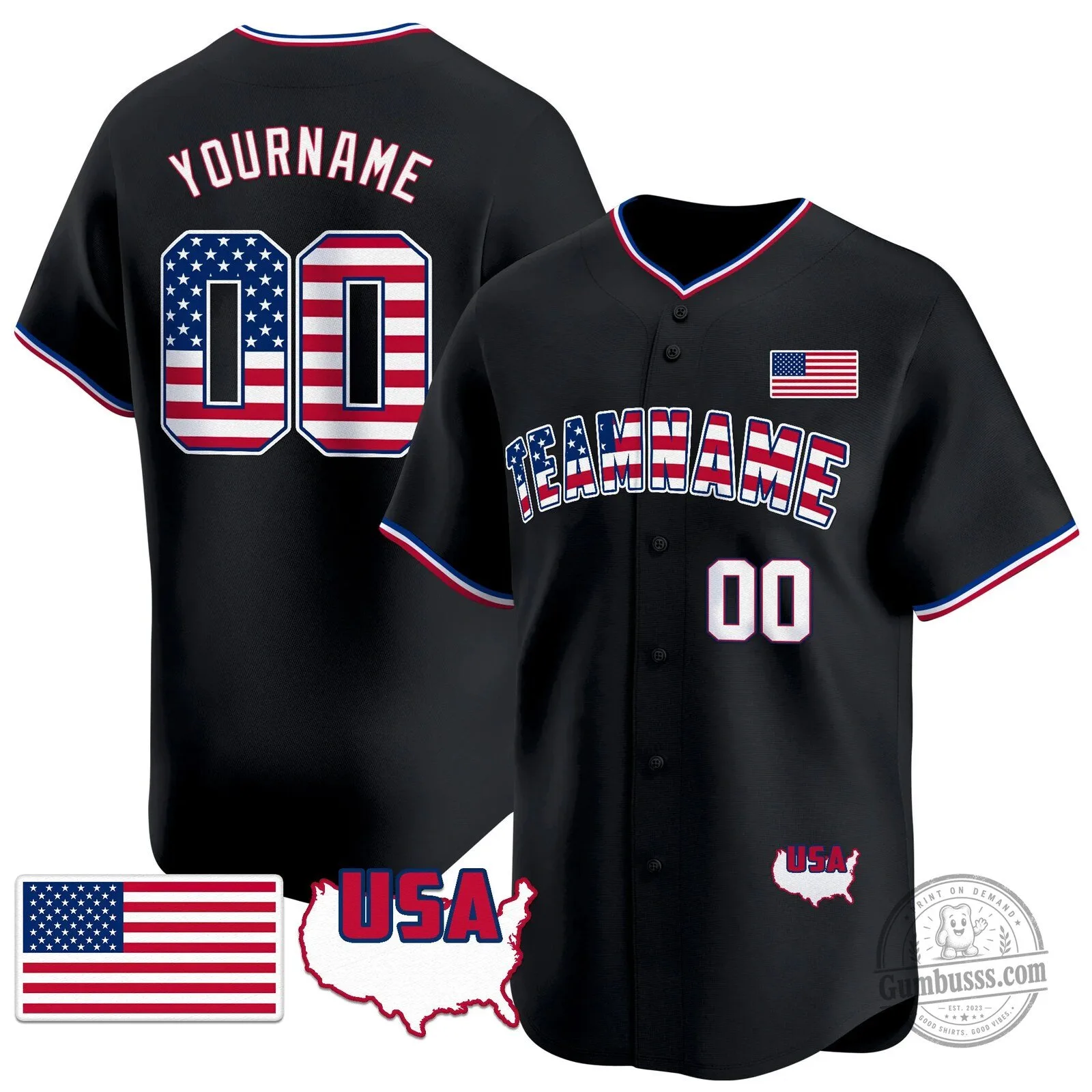 American Flag Custom Name and Number Patriotic Baseball Jersey