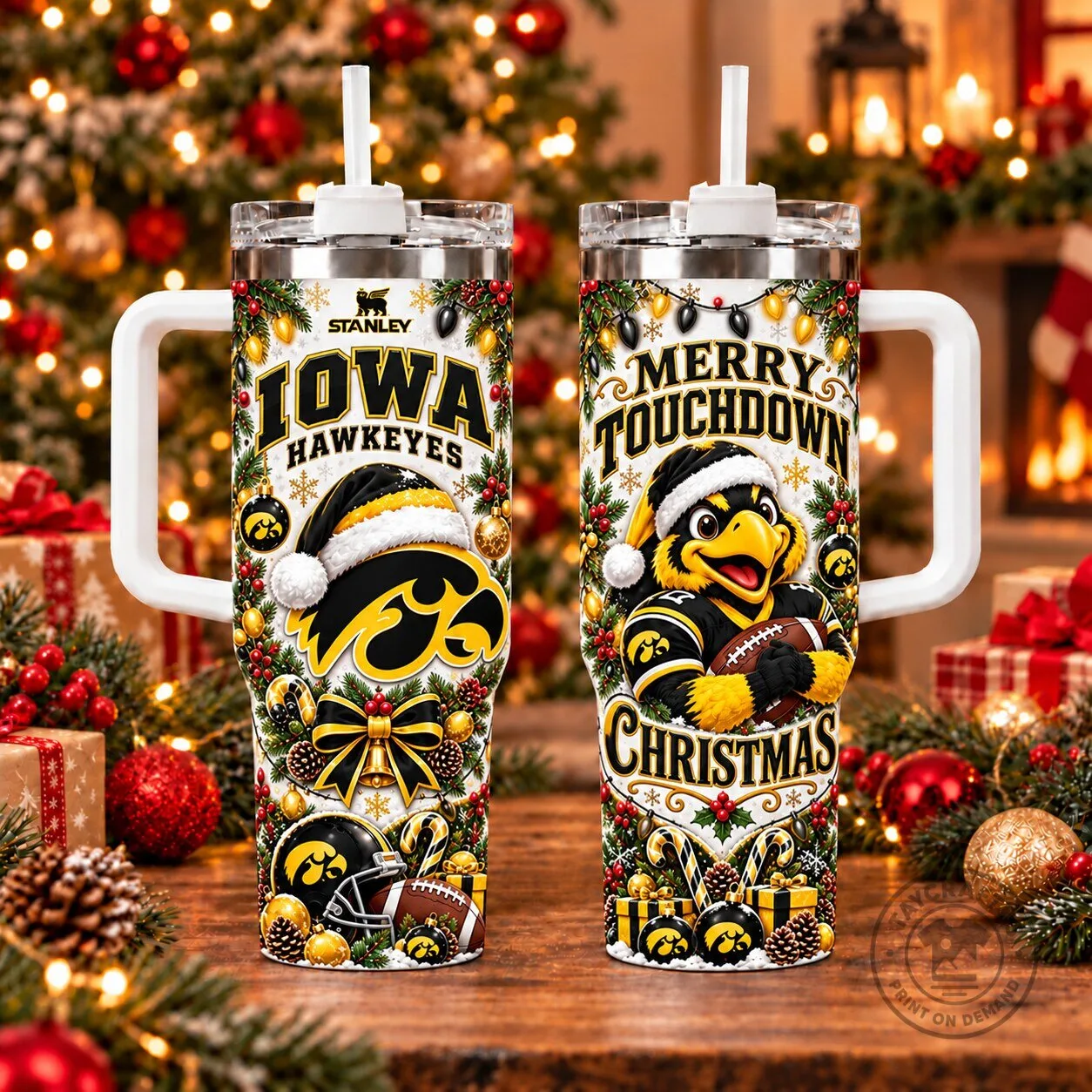 Iowa Hawkeyes Merry Touchdown Christmas Holiday Tumbler with Handle 1 Iowa Hawkeyes Merry Touchdown Christmas Holiday Tumbler with Handle