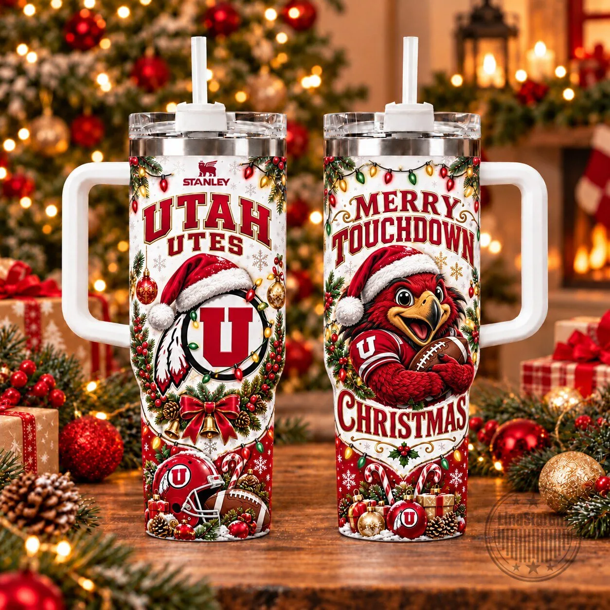 Utah Utes Merry Touchdown Christmas Holiday Stainless Steel Tumbler