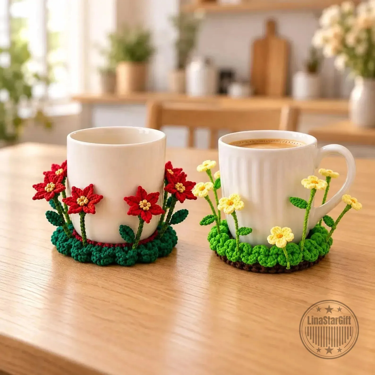 Crochet Flower Mug Coaster Set, Handmade Floral Drink Mat, Kitchen Table Decor