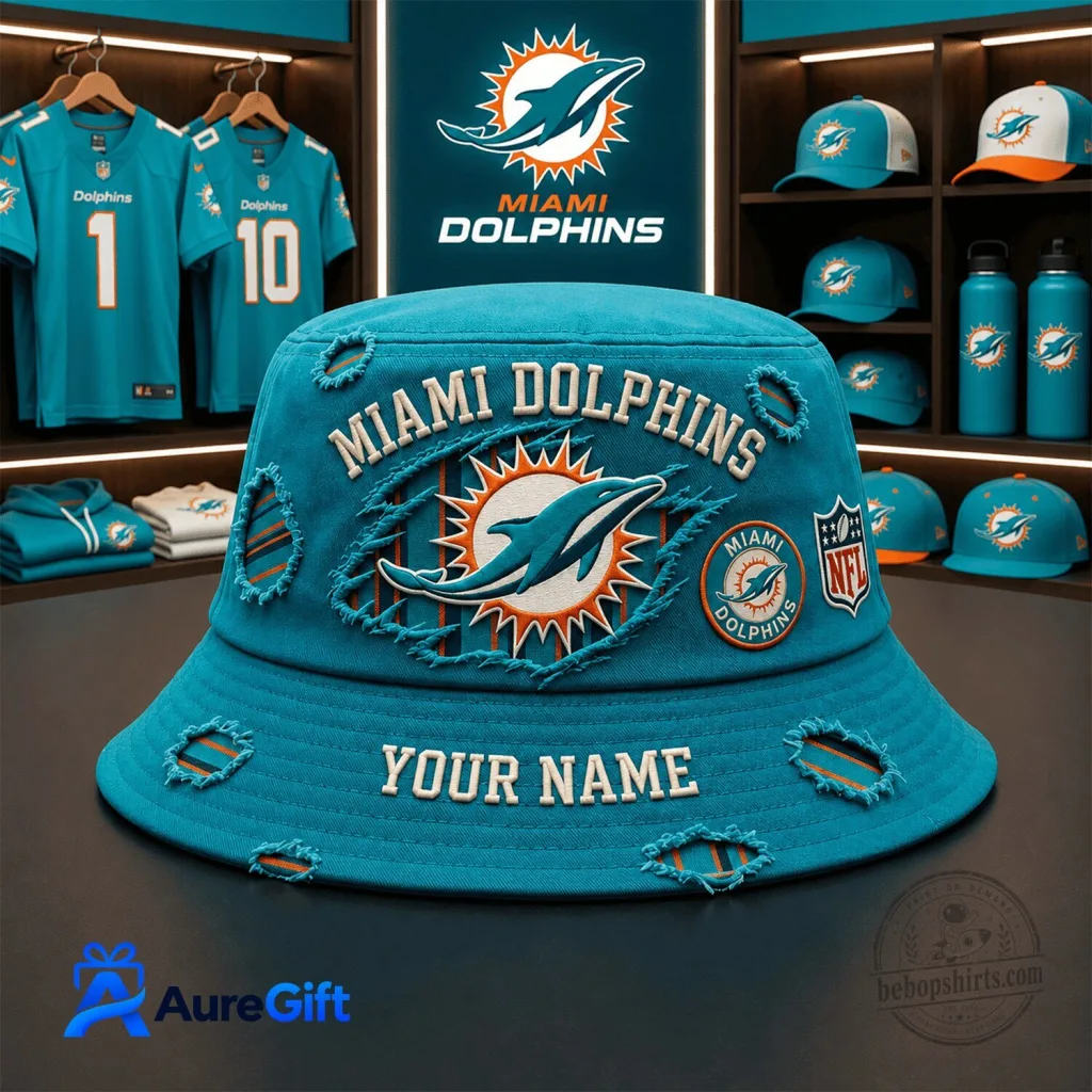 Miami Dolphins NFL Distressed Embroidered Bucket Hat Custom Name Miami Dolphins NFL Distressed Embroidered Bucket Hat Custom Name