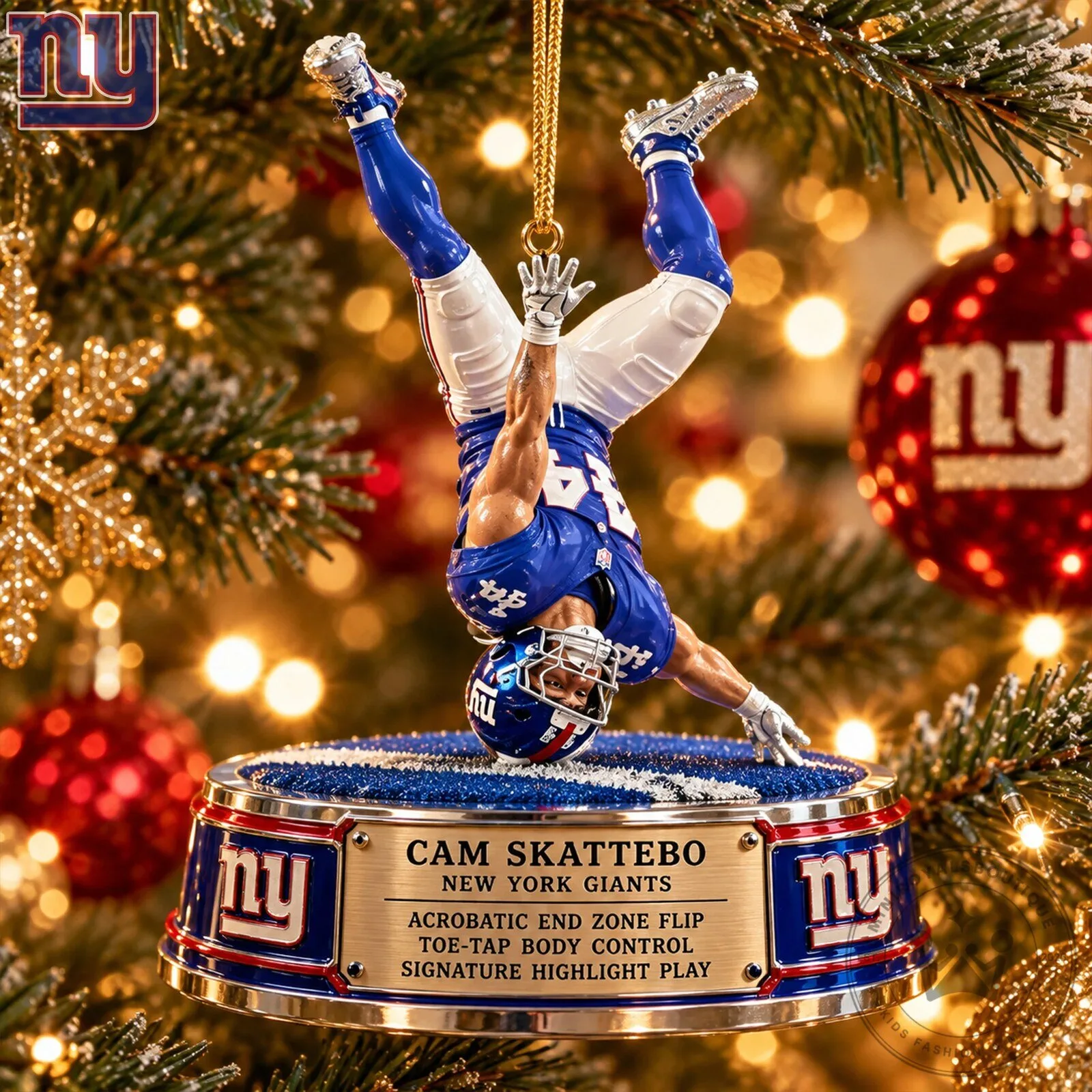 New York Giants Cam Skattebo End Zone Flip Signature Highlight Play Ornament
