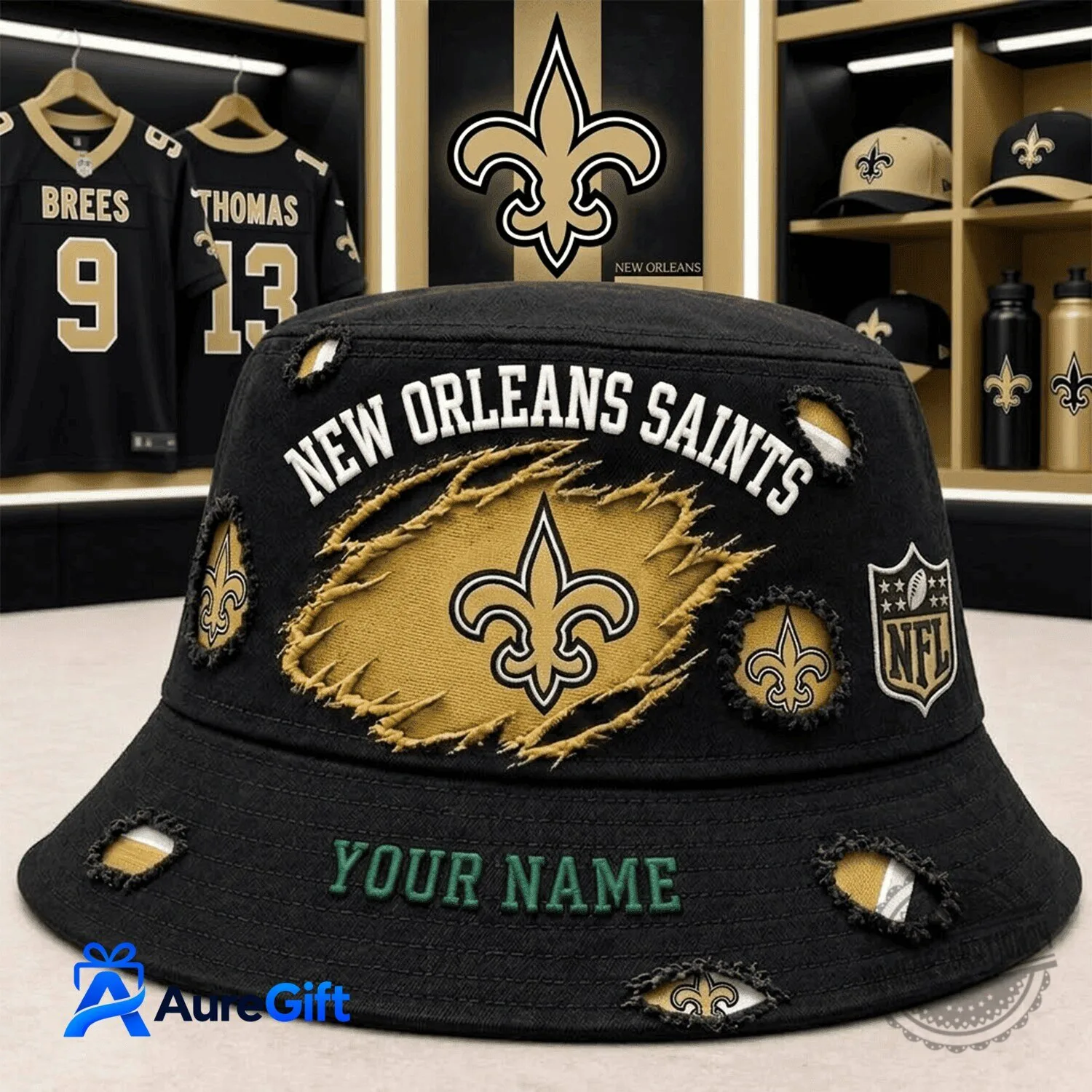 New Orleans Saints NFL Football Team Logo Black Distressed Bucket Hat