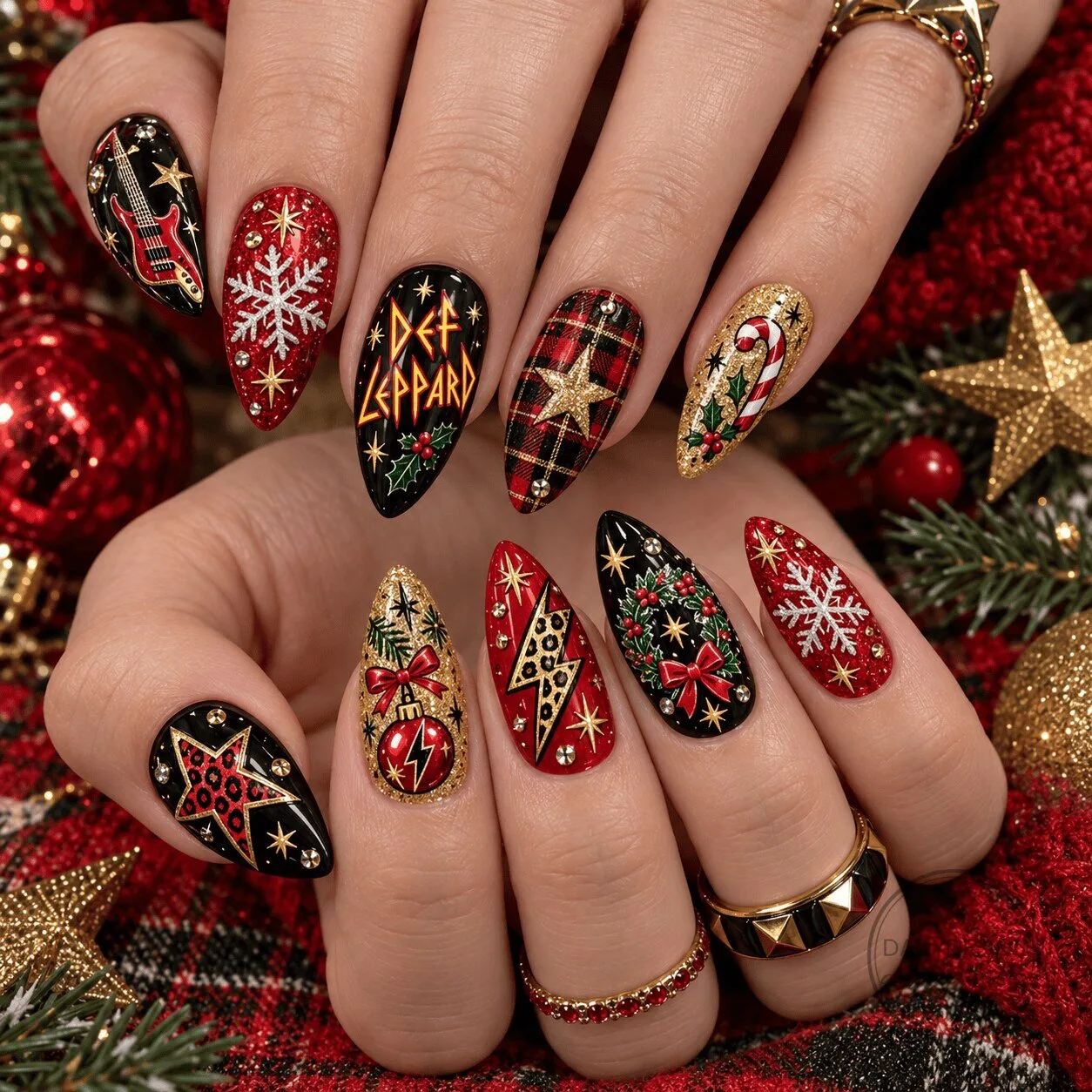 Def Leppard Christmas Snowflake Candy Cane Press On Nails